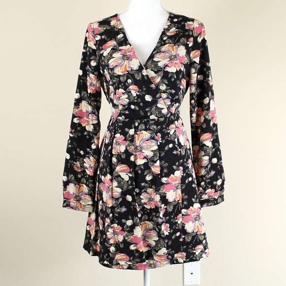 SOLD Forever 21 Black Floral Faux Wrap Dress - Picture 1 of 6